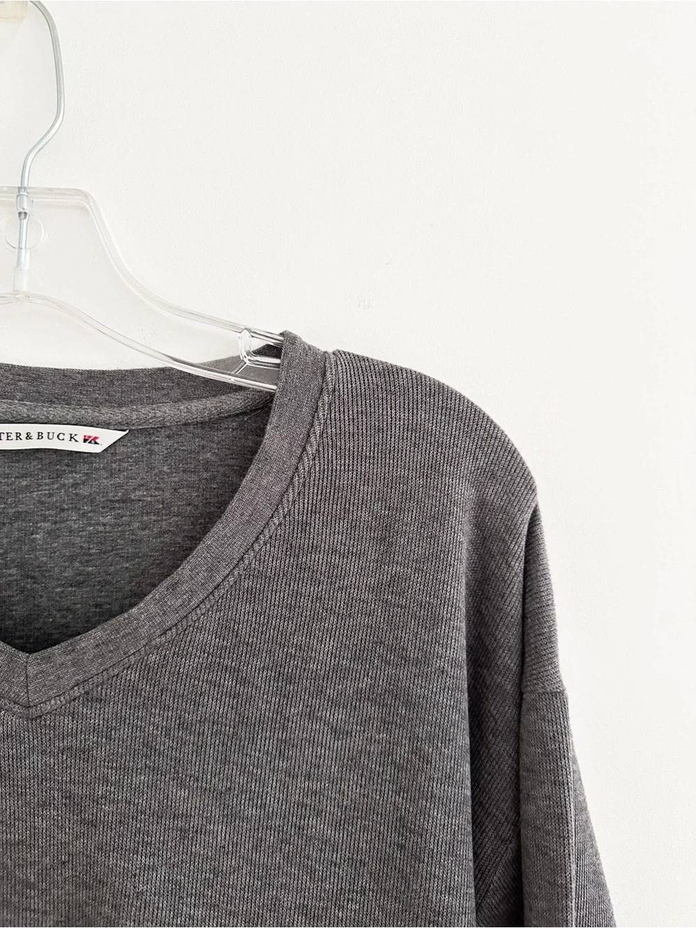 Cutter & Buck Men's Gray Ribbed Cotton V Neck Sweater Sweatshirt Size L Pullover